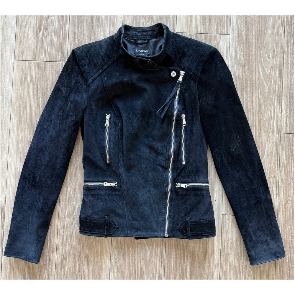 Bebe Vintage Black 100% Pig Suede Moto Biker Jacket XS Rare Y2K Silver Zipper